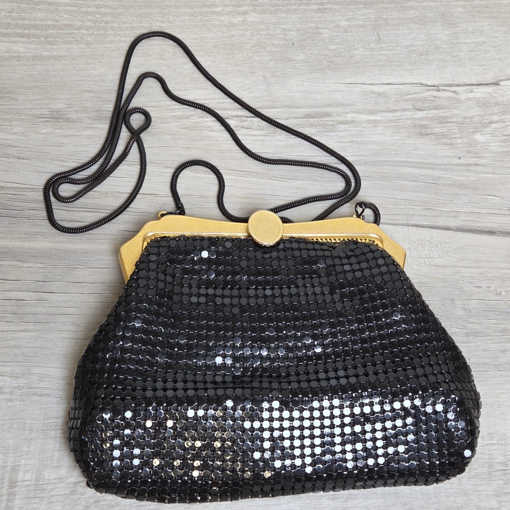 Apri Nights Black Metal Mesh Evening Clutch Bag Gold Tone Frame Snake Chain